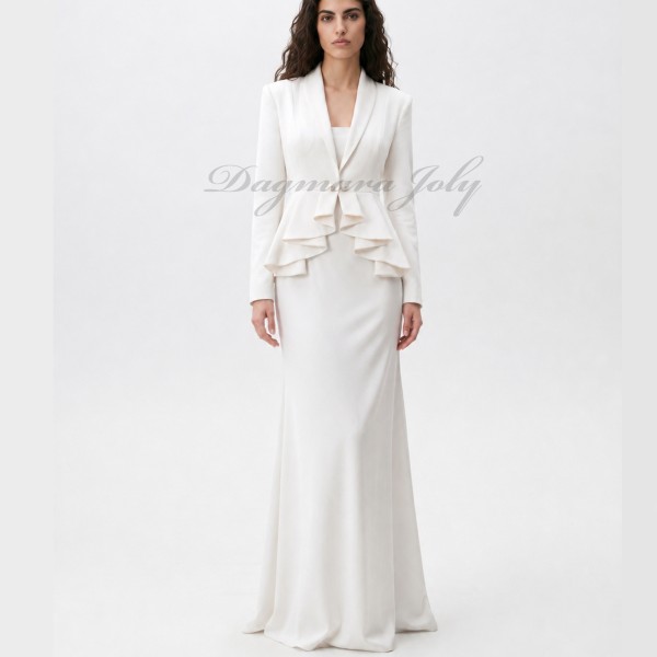 Wedding ensemble with asymmetrical pleated peplum blazer and floor-length skirt