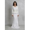 full view of bespoke wedding peplum skirt suit with tailored jacket and long skirt
