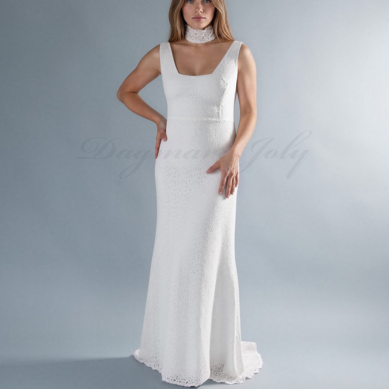 Minimalist Lace Wedding Dress with Train, V Back and Square Neckline