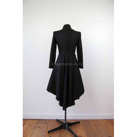 Black asymmetrical high low woolen winter woman coat