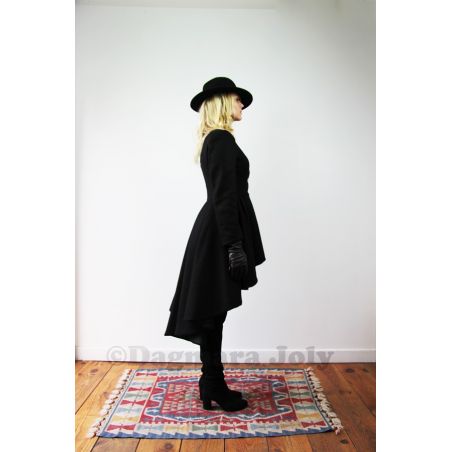 Black asymmetrical high low woolen winter woman coat