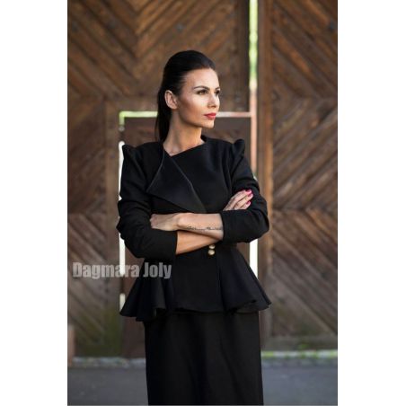 Women black peplum long jacket with puff sleeves