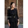 Women black peplum long jacket with puff sleeves