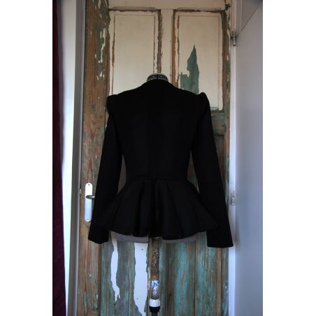 Women black peplum long jacket with puff sleeves