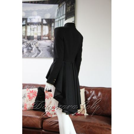 Asymmetrical black woolen jacket, pleated peplum, collar officier, long sleeves, golden boutons