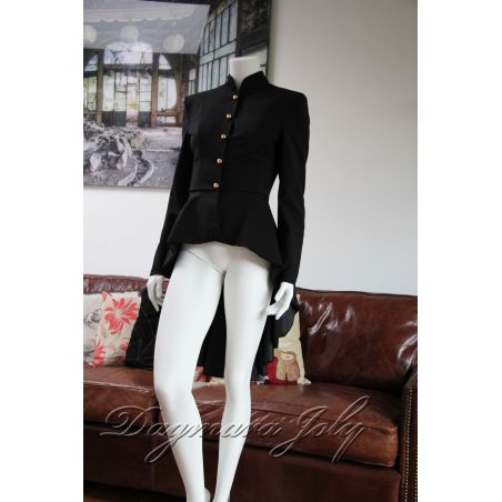 Asymmetrical black woolen jacket, pleated peplum, collar officier, long sleeves, golden boutons