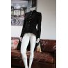 Asymmetrical black woolen jacket, pleated peplum, collar officier, long sleeves, golden boutons