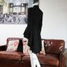 Asymmetrical black woolen jacket, pleated peplum, collar officier, long sleeves, golden boutons