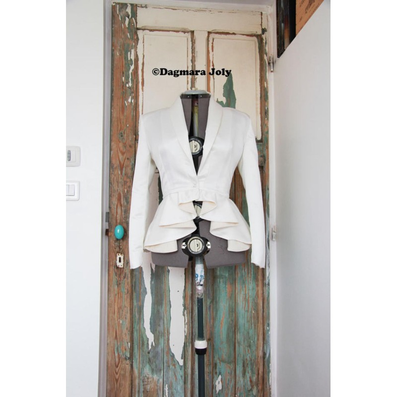 Short asymmetrical white satin jacket with pleated peplum custom-made for bridal or evening looks