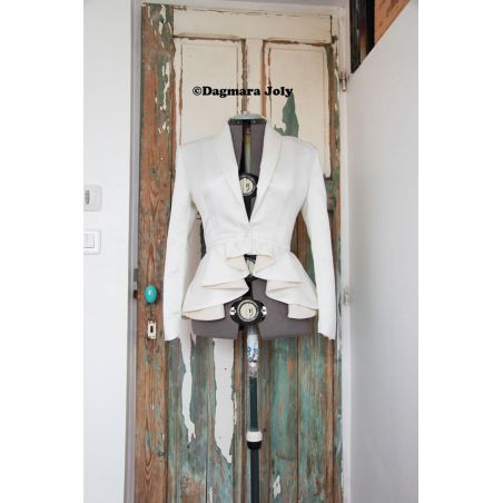 Short asymmetrical white satin jacket with pleated peplum custom-made for bridal or evening looks