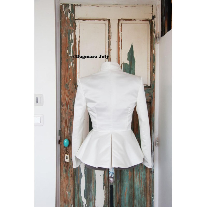Back of Asymmetrical peplum blazer with shawl collar made to measure