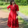 Linen short sleeves red shirt mi-length dress