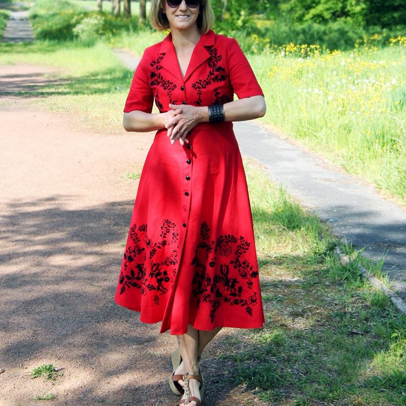 Linen short sleeves red shirt mi-length dress