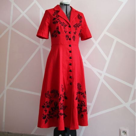 Linen short sleeves red hand embroidered shirt dress