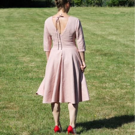 Linen short sleeves pink hand embroidered deep v neck swing dress