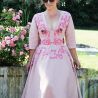 Linen short sleeves pink hand embroidered deep v neck swing dress