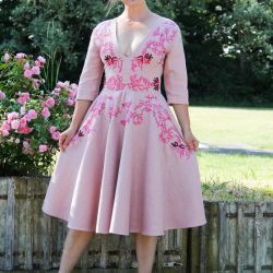 Linen short sleeves pink hand embroidered deep v neck swing dress