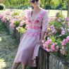 Linen short sleeves pink hand embroidered deep v neck swing dress