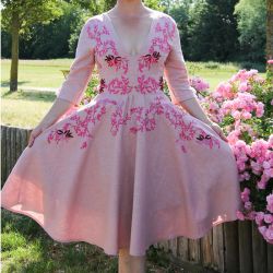 Linen short sleeves pink hand embroidered deep v neck swing dress