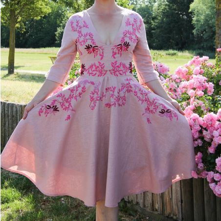 Linen short sleeves pink hand embroidered deep v neck swing dress