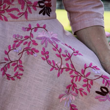 Linen short sleeves pink hand embroidered deep v neck swing dress