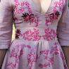 Linen short sleeves pink hand embroidered deep v neck swing dress