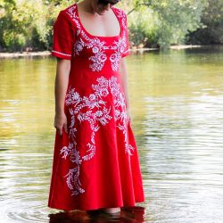Linen short sleeves open back swing red dress