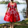 Robe rouge en lin, mi-longue, manches courtes, dos ouvert, fabrication française