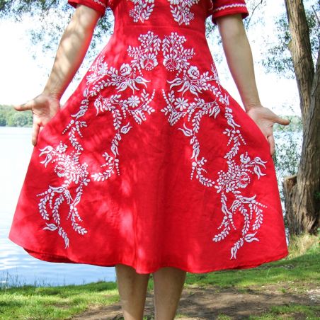 Linen short sleeves open back swing red dress