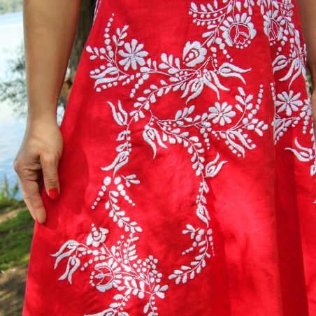 Close-up of hand embroidery on premium French linen