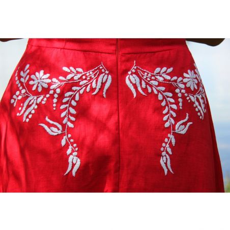 Linen short sleeves open back hand embroidered swing red dress