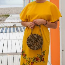 Ladies yellow pencil dress hand embroidered in a floral motif