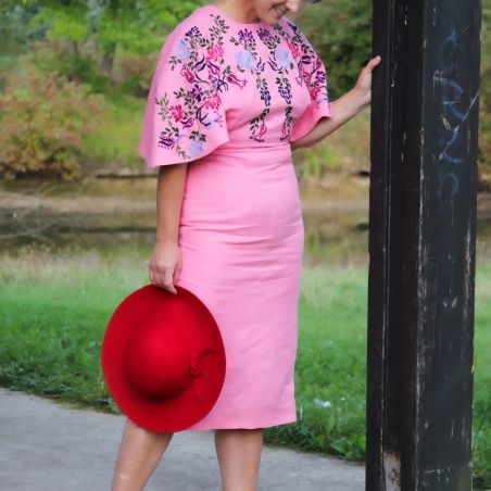 Hand embroidered open back linen floral pencil dress with bat sleeves