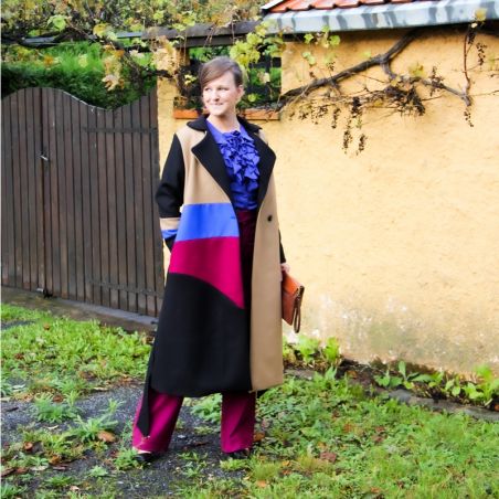 Manteau hiver long en laine chaude pour femme, coupe loose, color block style