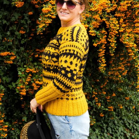 Hand Knitted cozy wedge mustard sweater in a nordique style