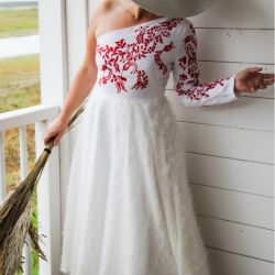 One shoulder midi hand embroidered wedding dress