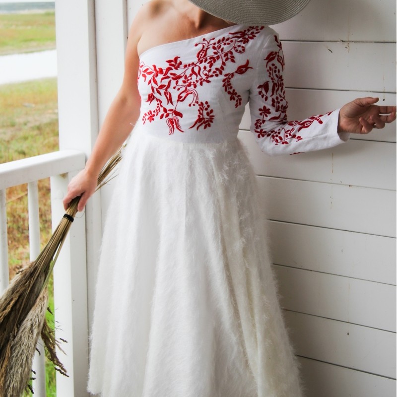 One shoulder midi hand embroidered wedding dress