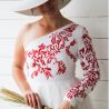White lin midi calf length, hand embroidered, one shoulder women wedding dress