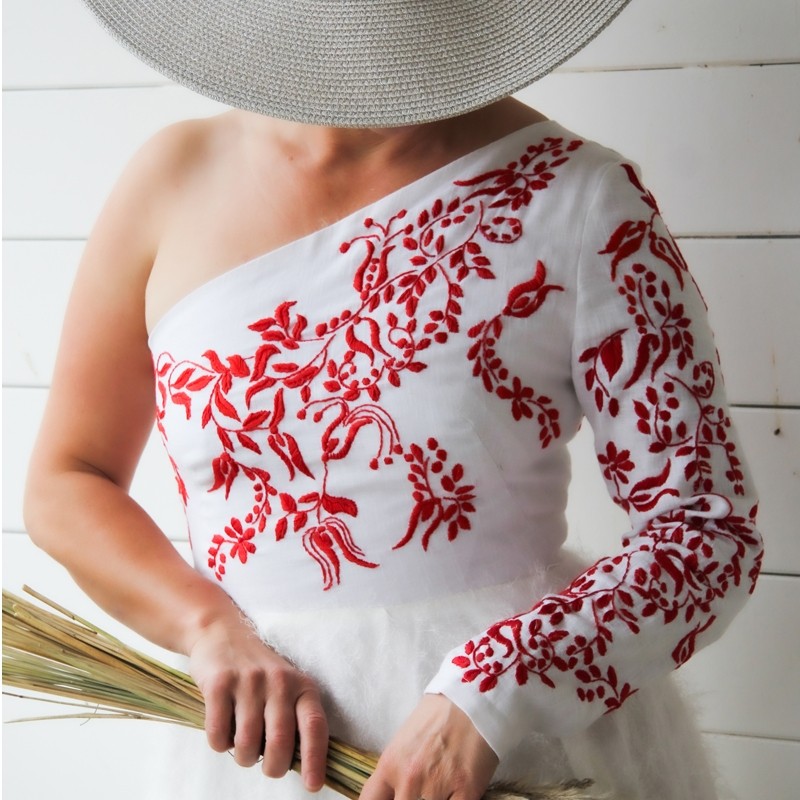 Linen hand embroidered wedding dress