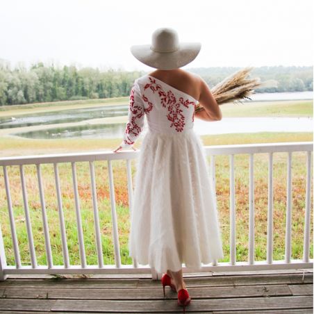 White lin midi calf length, hand embroidered, one shoulder women wedding dress