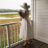 White lin midi calf length, hand embroidered, one shoulder women wedding dress