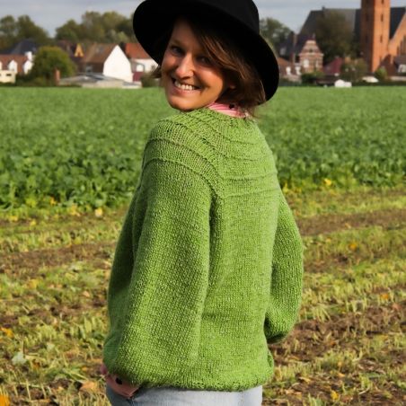 Pull maille vert tricoté main manches raglan, fabrication francaise