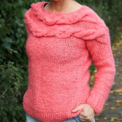Hand knitted coral sweater, ready to ship