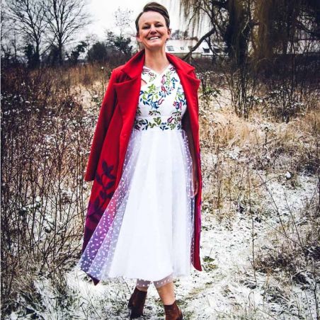 White tulle , cross front, midi length, hand embroidered dress, with U scoop back. One of a kind, made in France.