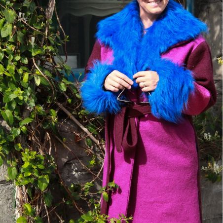 Woman short multicolor fur collar wrap coat