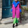 Woman warm wool winter short coat, loose fit, multicolor with fur collar and belt