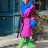 Woman warm wool winter short coat, loose fit, multicolor with fur collar and belt