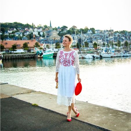Styled look of one-of-a-kind ivory lace midi dress with 3/4 sleeves