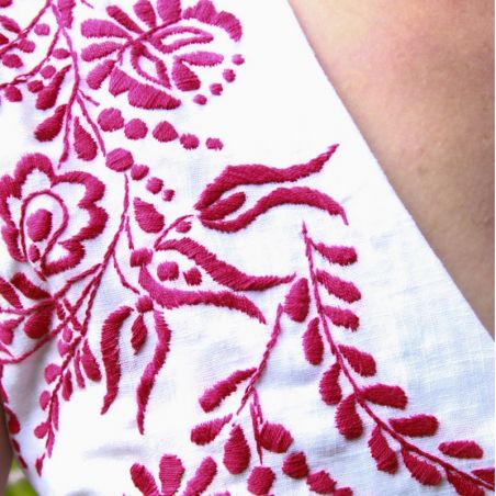 Embroidered linen and tulle wrap dress for summer, white and sleeveless