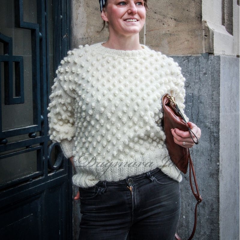 Woman ivory long hand knitted boho sweater